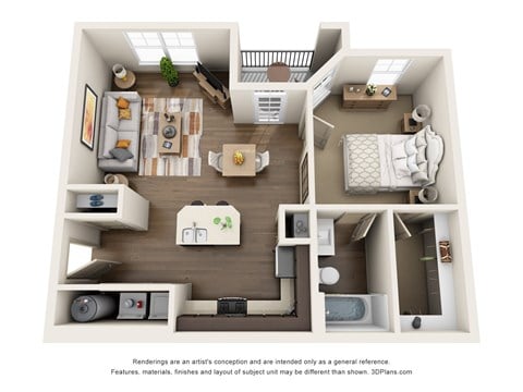 Floor plan for 1 bed, 1 bath, 698 sqft